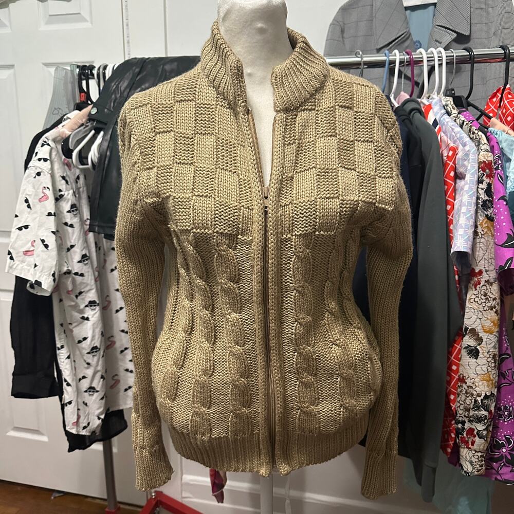 Vintage Unisex Tan Chunky Cable Knit Zip Sweater‎ Jacket Acrylic Medium